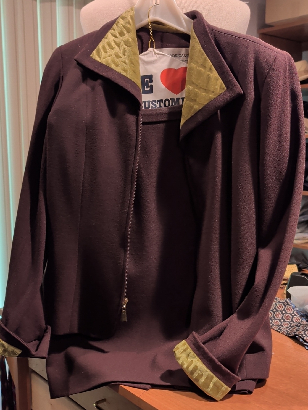 Brown Ladies Suit  with Olive Velvet Trim.